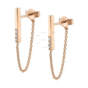 14k Gold Chain Link wrap Earrings, Drop Chain Gold Earrings, 3 Stone Moissanite Earrings, Chain Thread Earring, Chain Wrap Earring For Gift