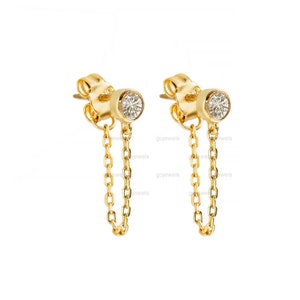 14k Gold Moissanite Bezel Chain Stud Earrings, Chain Huggie Earrings, Dainty Chain Loop Studs, Minimalist Chain Earrings, Party Wear Earring
