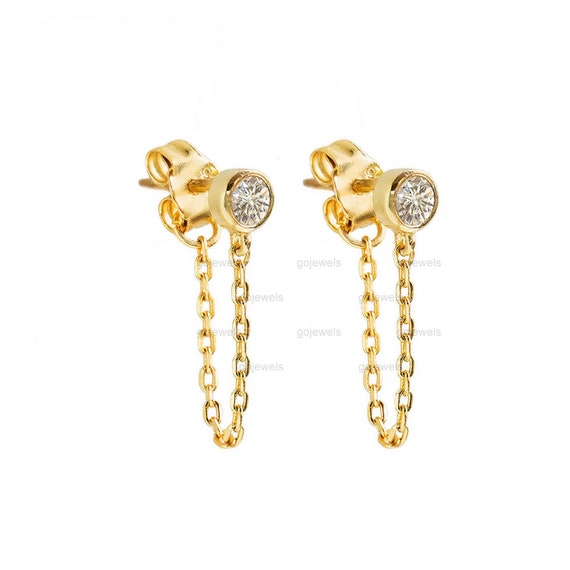 14k Gold Moissanite Bezel Chain Stud Earrings Chain Huggie