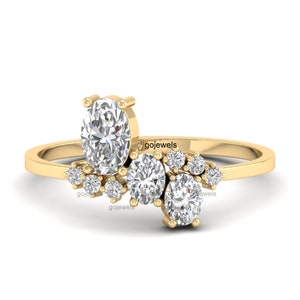 Delicate Oval with Round Moissanite Cluster Engagement Ring in 14K Solid Gold, Diamond Cluster Ring, Anniversary Gift, Art Deco Wedding Ring