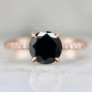 Black Spinel Engagement Ring, 14k Gold Wedding Ring, Half Eternity Moissanite Ring, Round Black Gemstone Ring, Promise Ring, Gift Ring