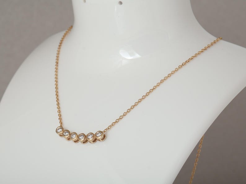 14k Gold 6 Bezel Moissanite Curved Bar Necklace, Delicate Diamond Necklace, Dainty Cable Chain, Minimalist Charm Necklace, Anniversary Gift image 4