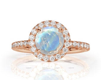 Round Cut Moonstone Engagement Ring, 14k Rose Gold Bridal Ring, Hidden Halo Diamond Ring, Half Eternity & Halo Diamond Ring, Wedding Ring