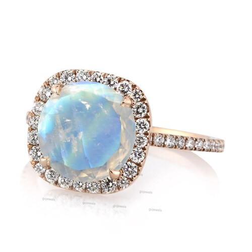 3 CT Round Cut Rainbow Moonstone Engagement Ring, 14k Rose Gold Ring, Hidden Halo Moissanite Ring, Halo shops Rainbow Moonstone Ring, Wedding Ring