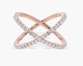 Anillo cruzado de moissanita en oro rosa, anillo cruzado de diamantes, anillo apilable en forma de X, anillo cruzado, anillo cruzado de diamantes, anillo en forma de X de diamantes