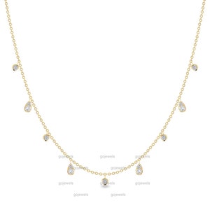 14K Gold Moissanite Diamond Droplet Station Necklace, Dainty Gold Layering Station Necklace, Dangling Diamond Necklace, Diamond By The Yard