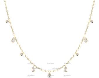 14K gouden Moissanite Diamond Droplet Station-ketting, sierlijke gouden gelaagdheid Station-ketting, bungelende diamanten ketting, diamant op maat geslepen