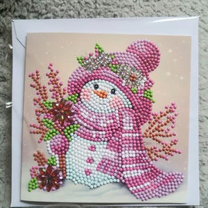 Karte Grußkarte Diamond Painting Schneemann rosa inkl. Umschlag - Handarbeit