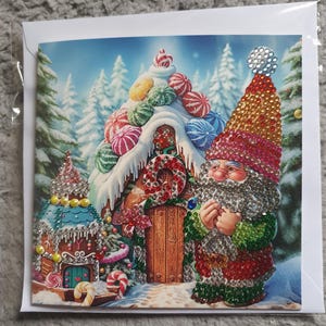 Cartão de felicitações com pintura diamante gnome/casa de gnome de natal com strass incluindo envelope - feito à mão
