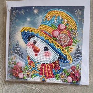 Karte Grußkarte Diamond Painting bunter Schneemann inkl. Umschlag - Handarbeit