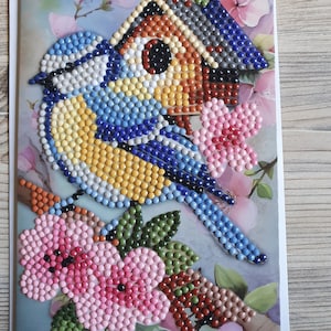 Karte Grußkarte Diamond Painting Vogel vor Häuschen inkl. Umschlag - Handarbeit