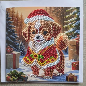 Karte Grußkarte Diamond Painting Hund mit Weihnachtsmütze inkl. Umschlag - Handarbeit