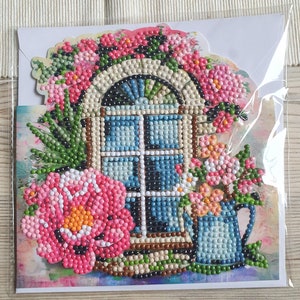 Karte Grußkarte Aufstellkarte Diamond Painting Fenster im Garten inkl. Umschlag - Handarbeit