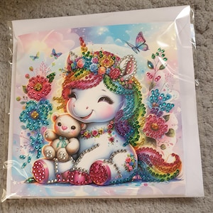 Carte de vœux diamant peinture licorne avec enveloppe - fait main