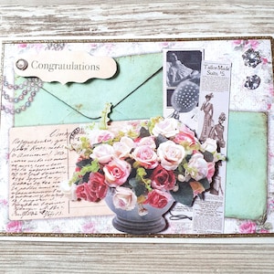 Tarjeta 3D Felicitaciones con ramo de flores incluido sobre - hecho a mano