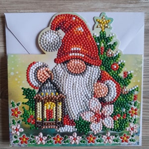 Karte Grußkarte Aufstellkarte Diamond Painting Wichtel mit Laterne inkl. Umschlag - Handarbeit