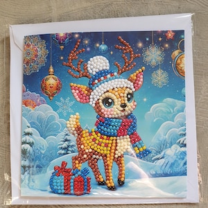 Biglietto di auguri con pittura a diamante piccola renna con busta – realizzato a mano