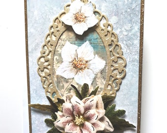 3D Card Greeting Card Christmas Card White Poinsettia incl. Envelope - Handmade