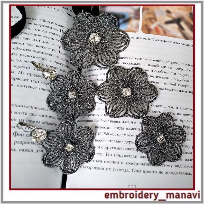 FSL Digital machine design kit for embroidery on hoops 4x4 . Earrings necklace or choker Flowers Jewelry 3 Freestanding Lace