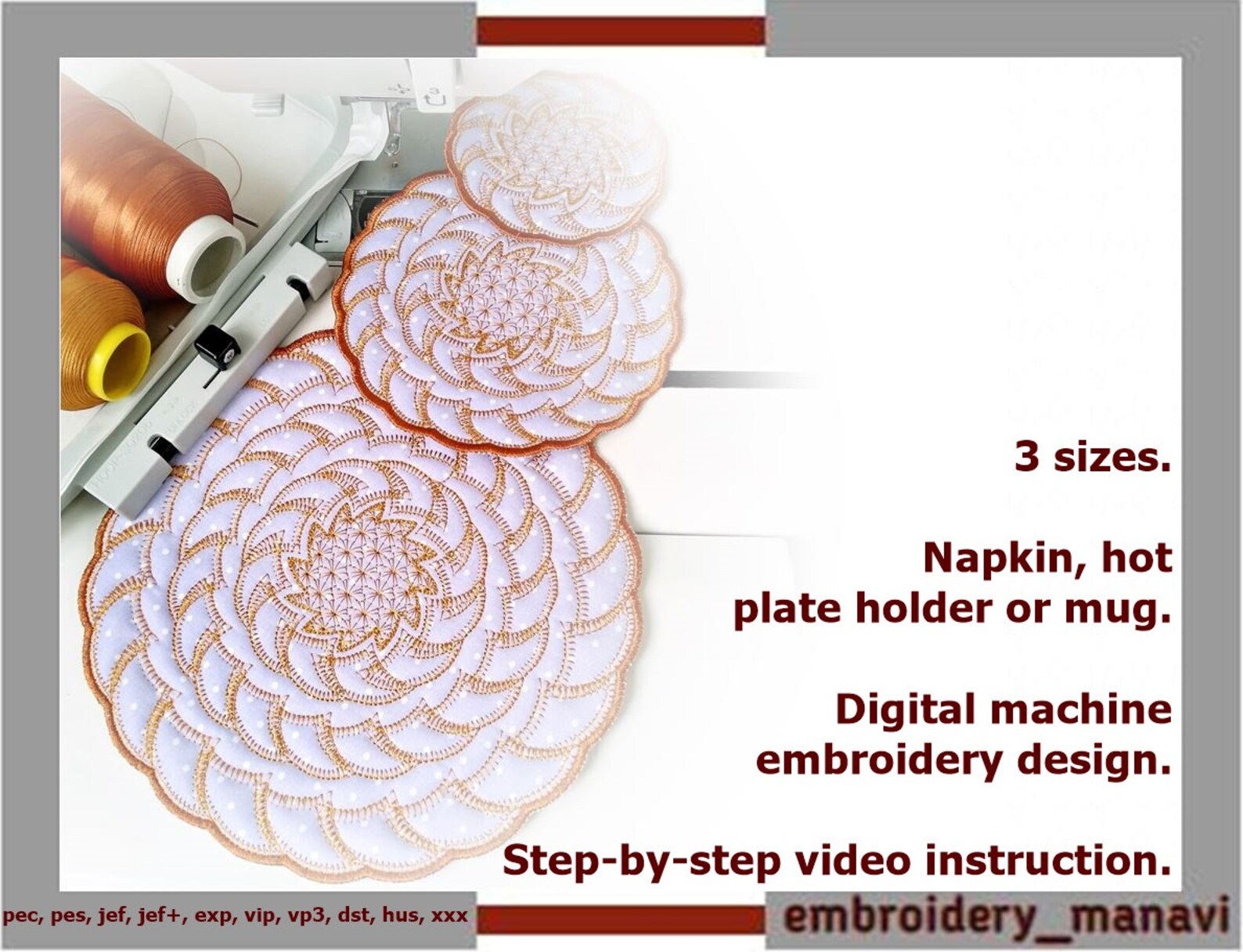 Napkin hot plate holder or mug. Digital machine embroidery Etsy