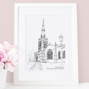 Wedding Venue sketch, Wedding Venue artwork, Wedding gift, church sketch, Bride and groom gift, paper anniversary gift, anniversary church