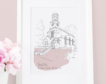 Wedding venue sketch, Wedding Venue artwork, Wedding gift, Newlyweds gift