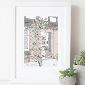 Pet And Home Drawing, Home Dog Gift, Bespoke Wall Art, Watercolour style New Home Gift, Pet Lover Gift