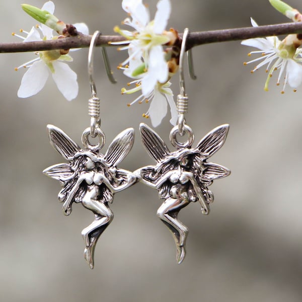 Art Nouveau Fairy Nymph Dangle Earrings, Sterling Silver, 20  x 14 mm, 2.5 grams, Nickel-Safe