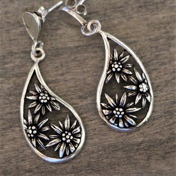 Boucles d'oreilles en argent vintage 925, fait à la main, travail très précis, ces edelweiss ne contiennent pas de nickel, envoi gratuit