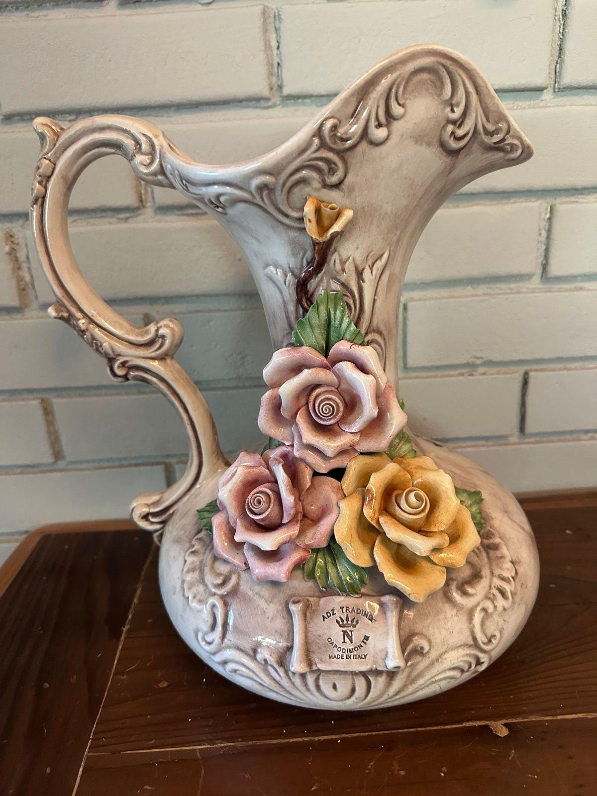 Vintage Capodimonte Porcelain Floral 14 Pitcher Large - Etsy