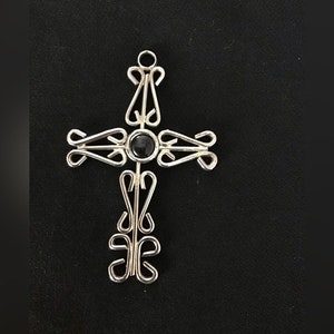 Vintage Sterling Sliver Cross w/Black Oynx Stone Pendant For necklace/Choker