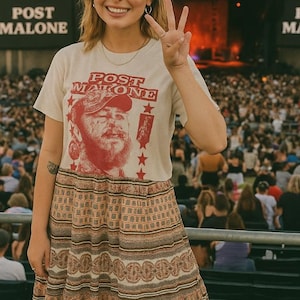 Può includere: Una persona indossa una maglietta color crema con una grafica rossa di Post Malone e la scritta "Post Malone". La persona indossa anche una gonna fantasia. Lo sfondo mostra un palco di un concerto con il nome "Post Malone" e una folla.