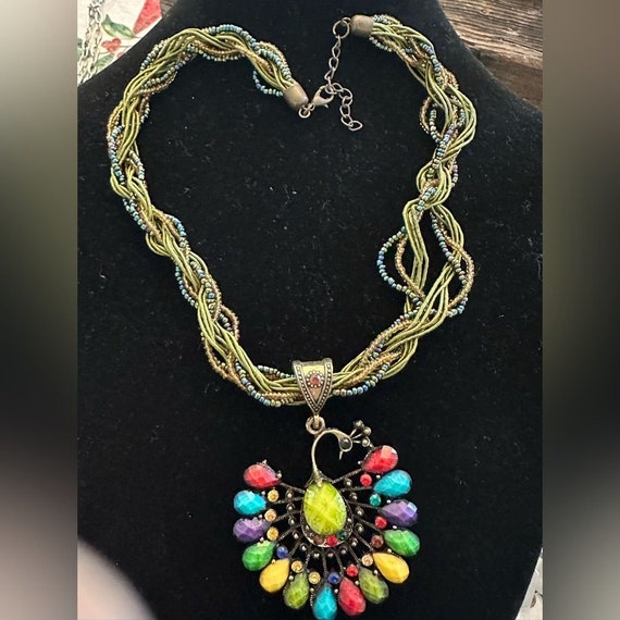 Vintage Beaded Peacock Necklace - image 1