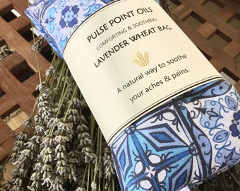 Lavender wheat bag. Warming neck wrap body heating pad. Heat cold therapy treatment pack for natural pain relief. Blue Moroccan tile print