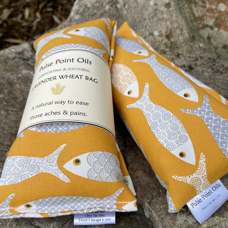 Long Holistic heat pad, lavender scented wheat bags, for aches and aches. care package heat wrap for new mum in yellow floral fish print. image 1