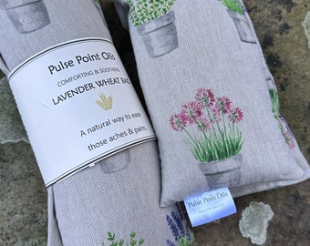 Long wheat bags with English lavender. Gardener aching back relief. neck wrap, heatable body warmer. Pot plant print cotton gift
