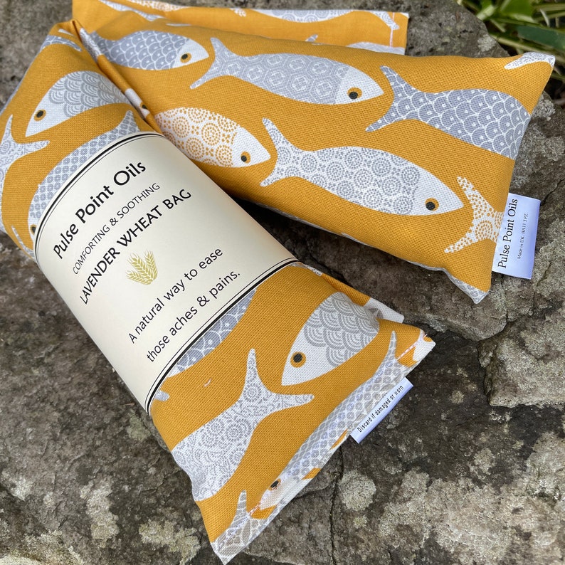 Long Holistic heat pad, lavender scented wheat bags, for aches and aches. care package heat wrap for new mum in yellow floral fish print. image 3