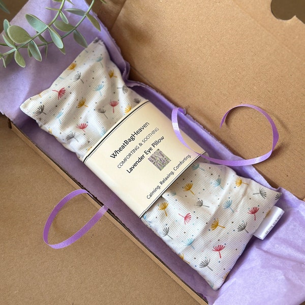 Eye pillow with lavender. Headache soother eye mask, natural organic flax seed black out sleep mask. Dandelion seed print eye care pillow