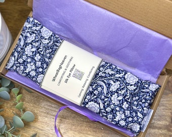 Blue floral eye pillow with lavender. Dry eye or tired eyes heated mask. cold pack compress for headache relief. Eye care letterbox gift