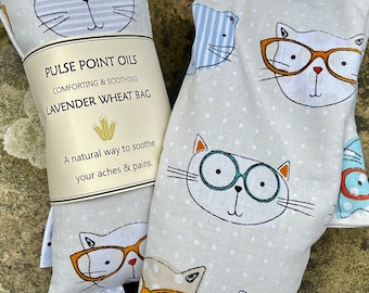 Lavender wheat bags, cat print heat pad. Back, shoulders and neck wrap for natural pain relief. Cat lover get well soon care gift package