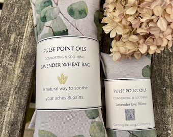 Reusable hot cold pack gardeners wheat bag. Wheat and lavender pain relief heat wrap. Eucalyptus print long wheat bag practical gifts