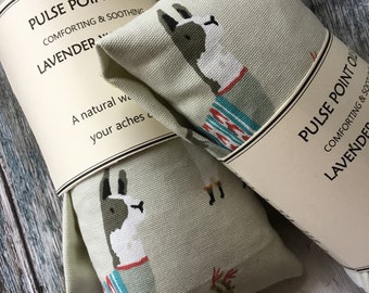 lavender wheat bag, llama print long heat wrap for rest relaxation and illness recovery. Wellbeing care gift ready to post free UK shipping.