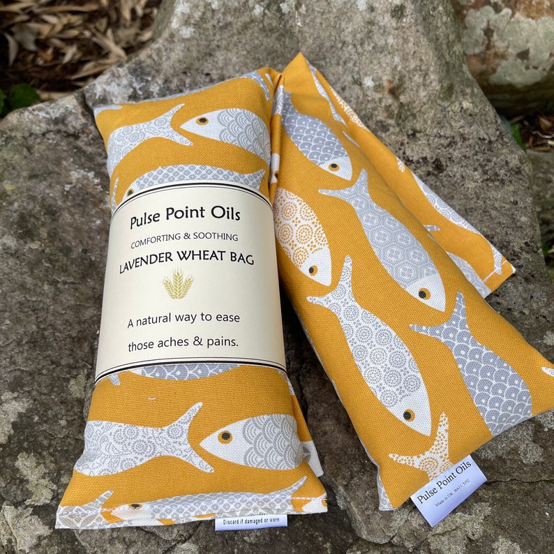 Long Holistic heat pad, lavender scented wheat bags, for aches and aches. care package heat wrap for new mum in yellow floral fish print. image 5