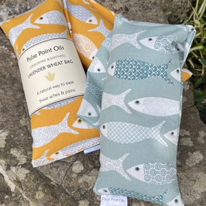 Long Holistic heat pad, lavender scented wheat bags, for aches and aches. care package heat wrap for new mum in yellow floral fish print. image 6