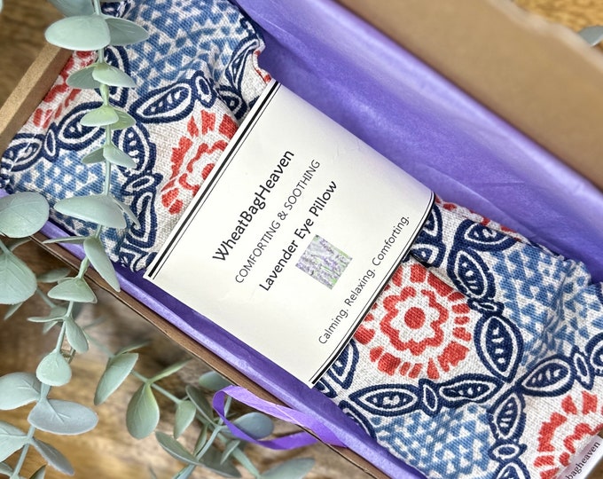 Cotton eye pillow, sleep mask with lavender and Organic flaxseed. Eye acupressure letterbox gift for her. Small heat pad in Mandela print