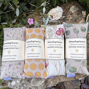 A selection of floral wheat bags from wheatbagheaven filled with whole wheat and English lavender to aid relaxation, comfort and warmth. Perfect care package for hospital patient in recovery, get well soon gift for her