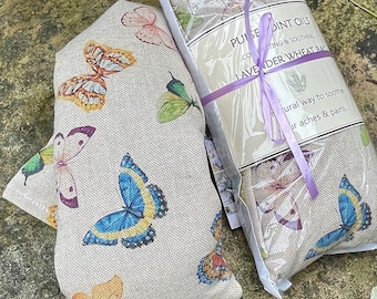 Natural Wheat bag, reusable heat pad wrap perfect gifts in a lovely butterfly print. Lavender and wheat heated or cooled neck pillow.