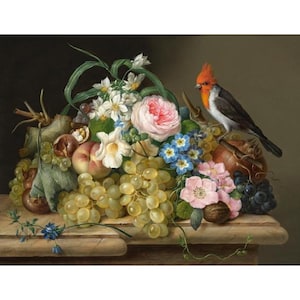 May include: A classical still life painting depicting a profusion of fruits and flowers. Green grapes, peaches, and various blooms, including roses and forget-me-nots, are arranged. A small bird with a red crest is perched nearby.