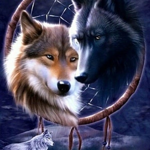 May include: Two wolves, one brown and white and one black, are depicted in a dreamcatcher. The dreamcatcher has brown leather and feathers. A third wolf is in the background.