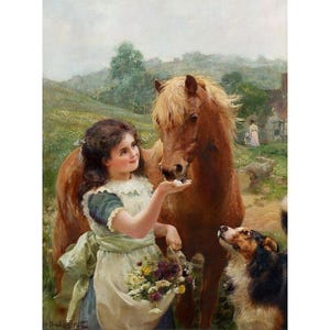 May include: A young girl in a white dress with a blue sash feeds a brown pony a treat. A brown and white dog watches from the right side of the image. The scene is set in a rural landscape with green grass and trees.